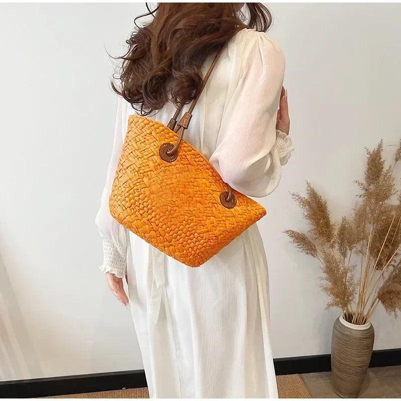 Designer bohemian chic shoulder bag,solid color large capacity straw woven tote bag,nature-inspired beach vacation