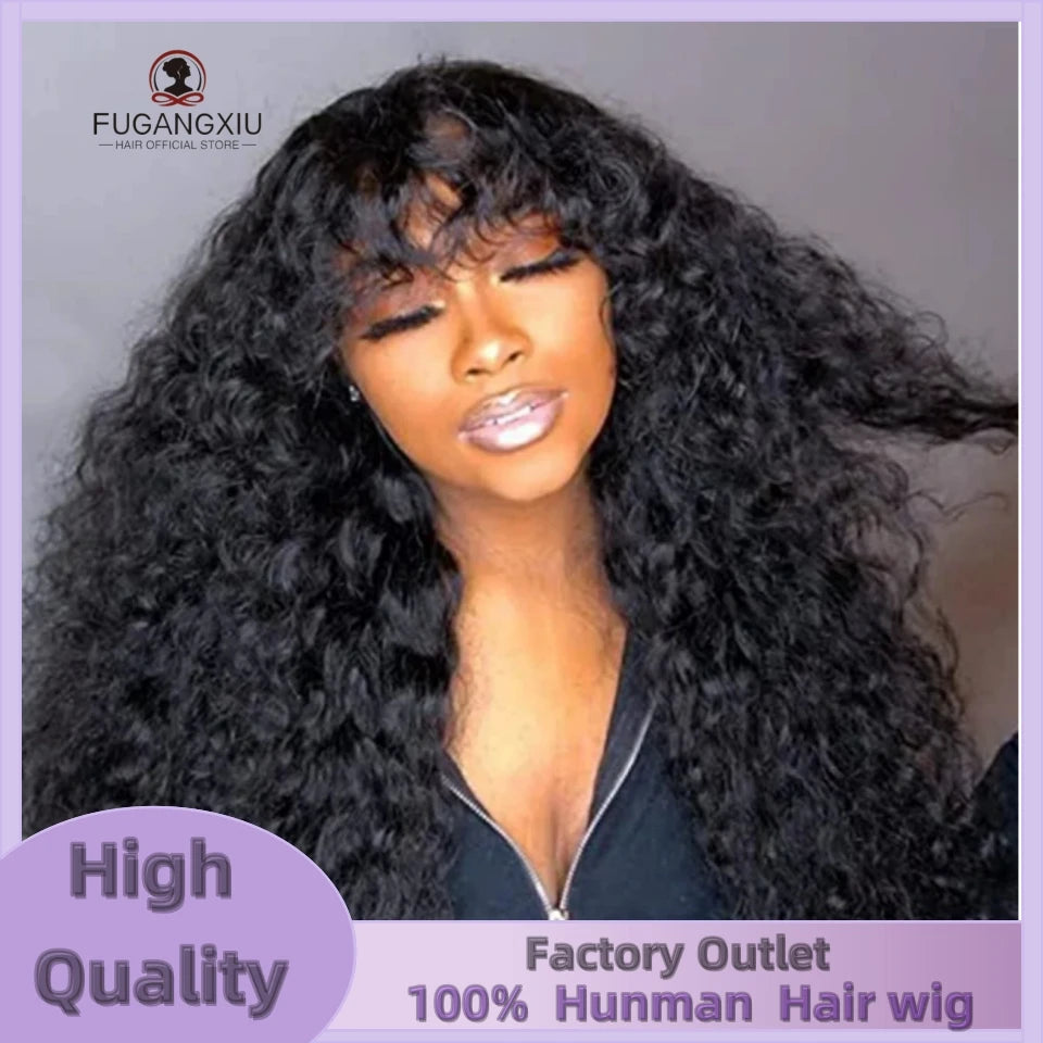 Curly Wig With Bangs Kinky Curly Human Hair Wig With Bangs Full Machine Made Frontal Wig 12A Water Wave Virgin Human Hair Wigs
