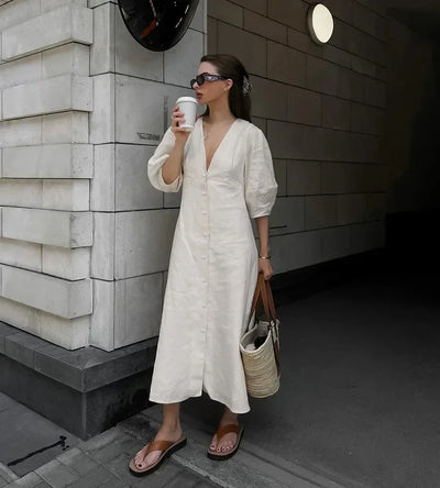Retro Cotton Linen Women'S Summer Dress Sexy V-Neck Puff Sleeve Long Maxi Birthday Graduation Dresses Beach Sundress Robe Femmes