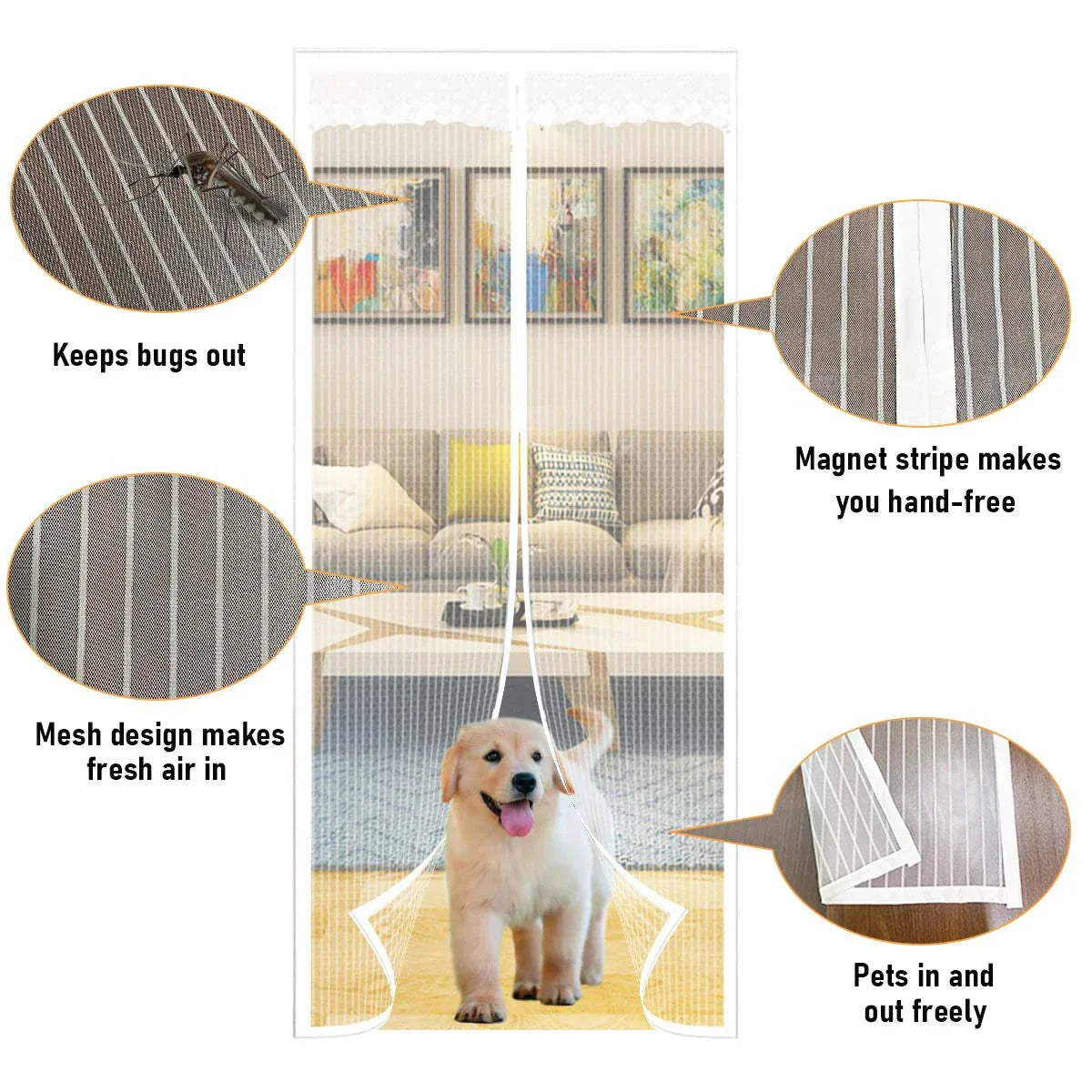 Magnetic Screen Door，Pet Friendly Walk Through Door Screen Magnetic Closure- Magnetic Screen Door Mesh Keeps Bugs Out-White