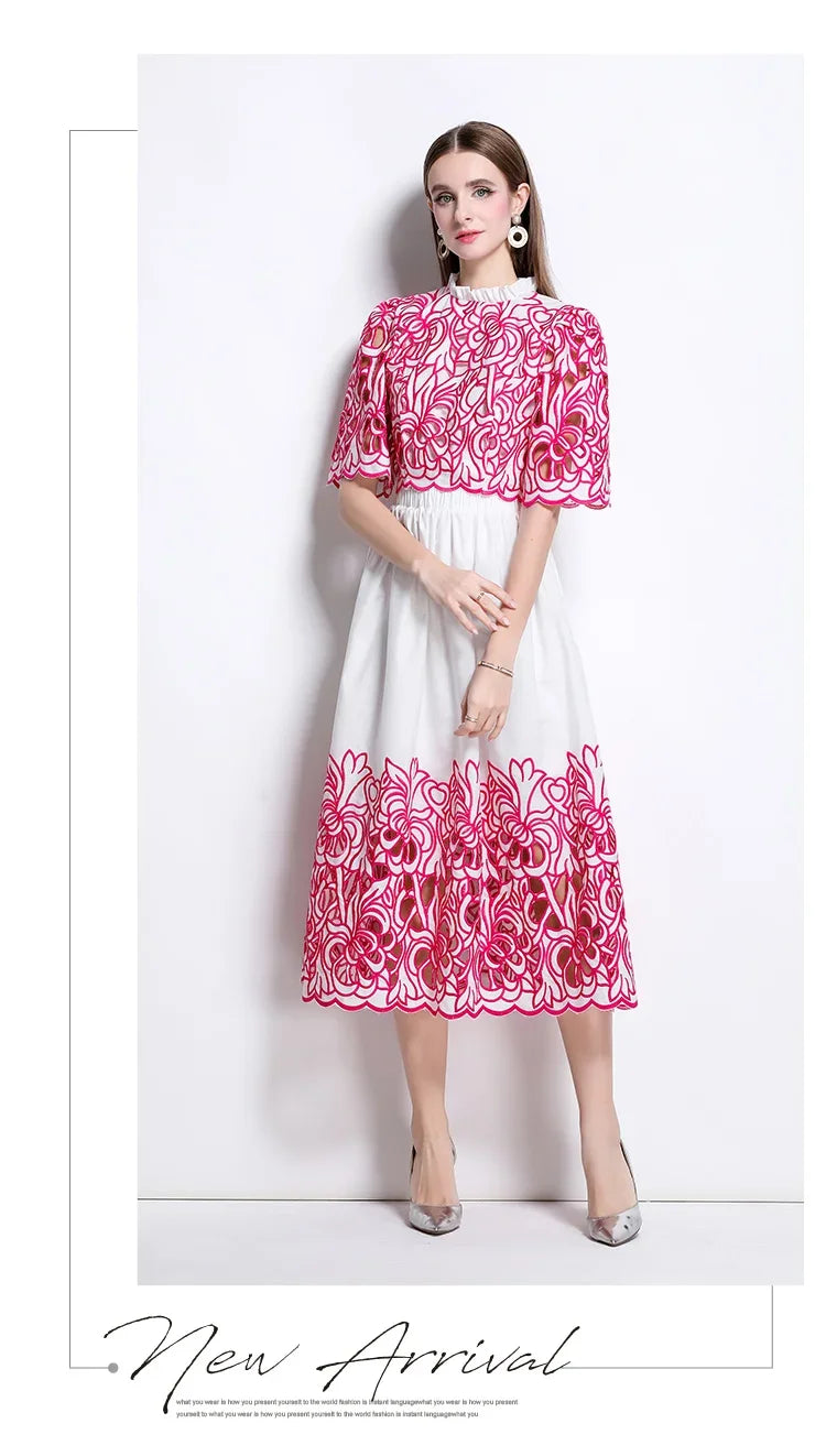 Summer Short Sleeve A-LINE Set Skirt for Women Fashion Ruffled Collar Embroidery Set Skirt Women Vestidos De Verano Mujer Q344