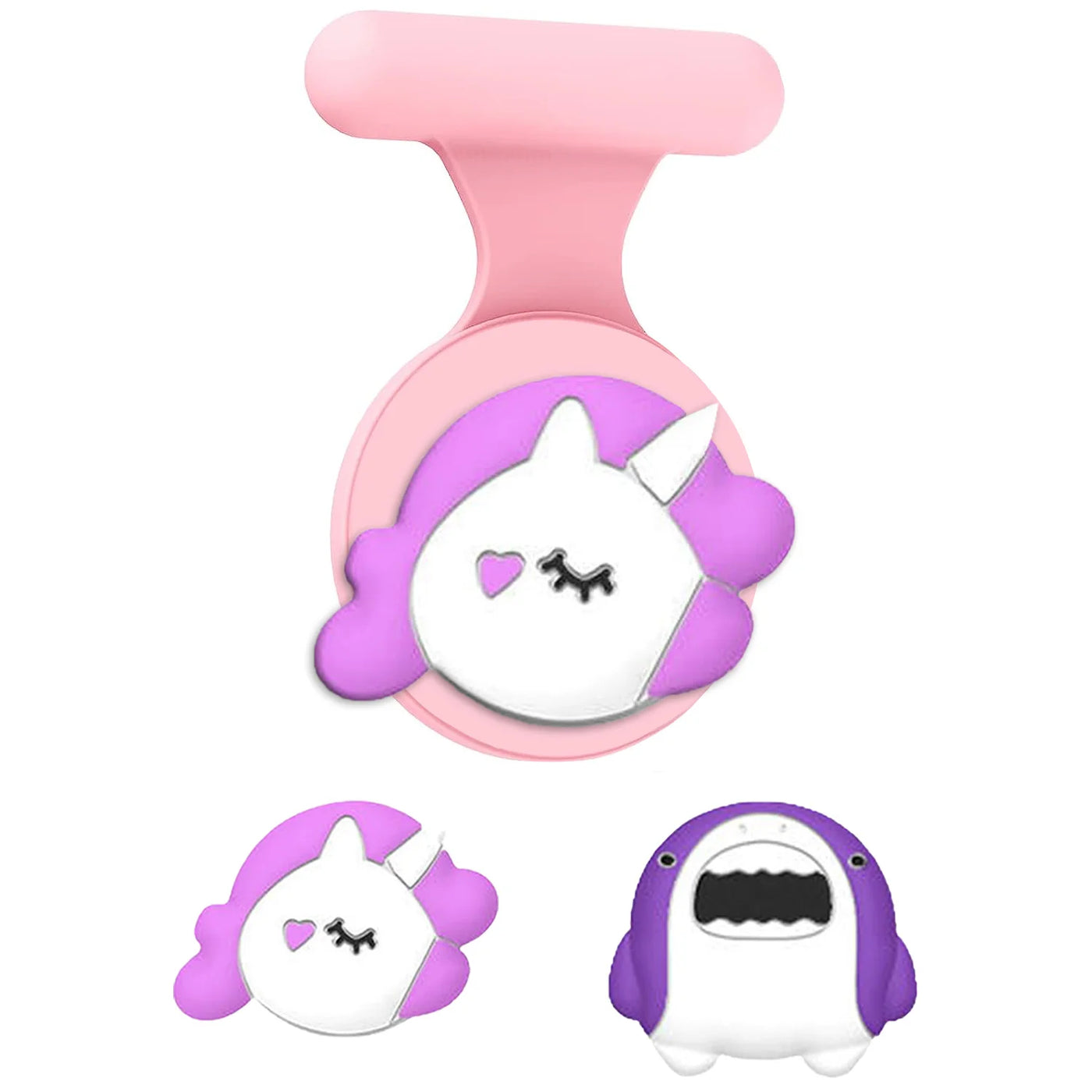 Unicorn AirTag holder for kids with pink purple accents, heart eyes, bone nose, horn