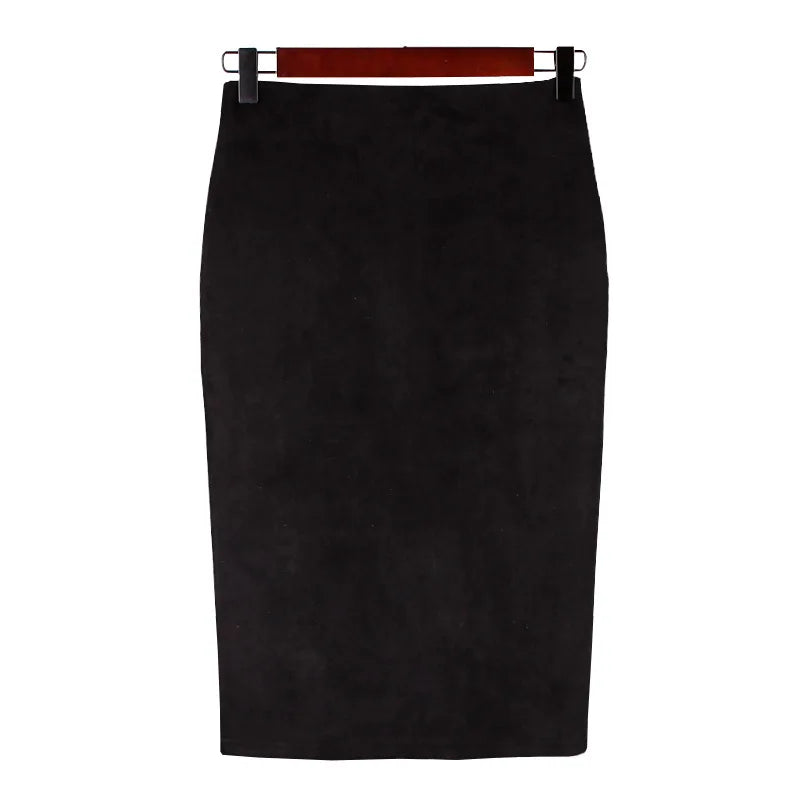 Women's suede solid color pencil skirt, spring and summer high waisted tight fitting retro suede split thick elastic skirt