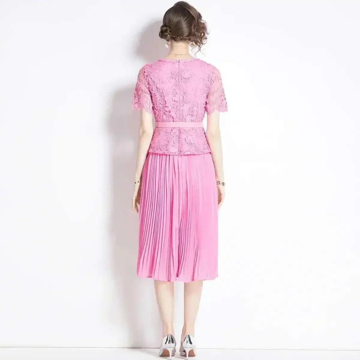 Luxury evening dress women summer vacation short sleeve pleated lace chiffon long dresses white single breasted midi