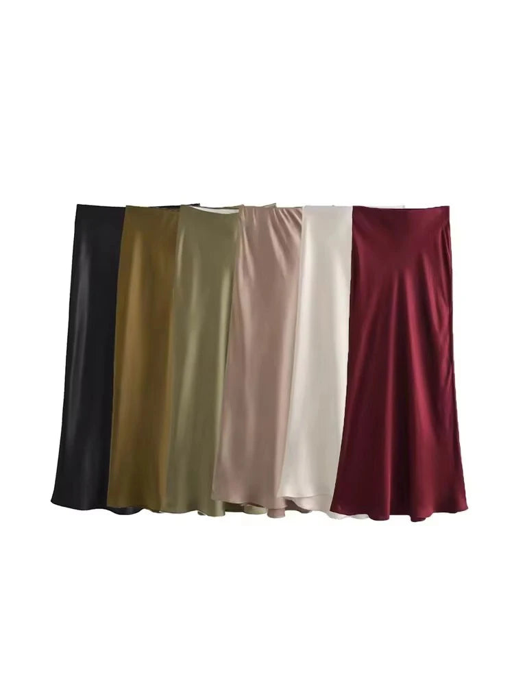 Women's Flowing Satin Midi Skirt, High Waist With Elastic Waistband, Female Skirts, Chic Fashion