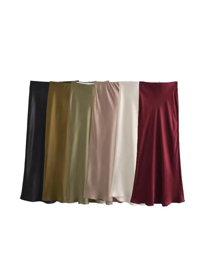 Women's Flowing Satin Midi Skirt, High Waist With Elastic Waistband, Female Skirts, Chic Fashion
