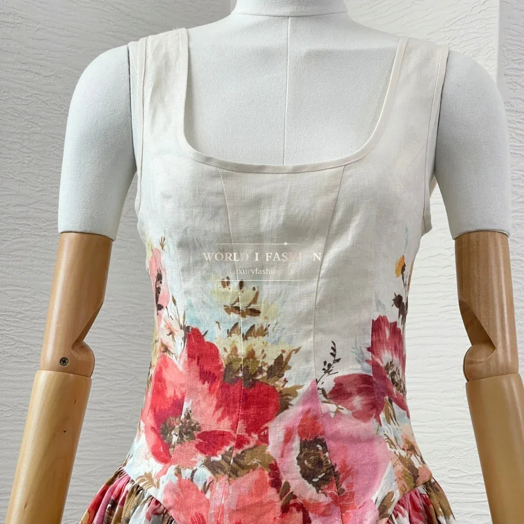 Linen 2025 Summer High Quality New Sleeveless White A-line Cut Out Floral Print Pleats Women Mini Dress