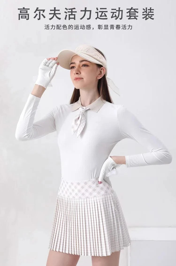 Women's Golfwear for  Slim-Fit Long-Sleeve Top with Polo Collar and Bow Tie, High-End Golf Hundred-Pleat Skirt Suit