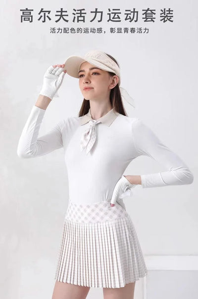 Women's Golfwear for  Slim-Fit Long-Sleeve Top with Polo Collar and Bow Tie, High-End Golf Hundred-Pleat Skirt Suit