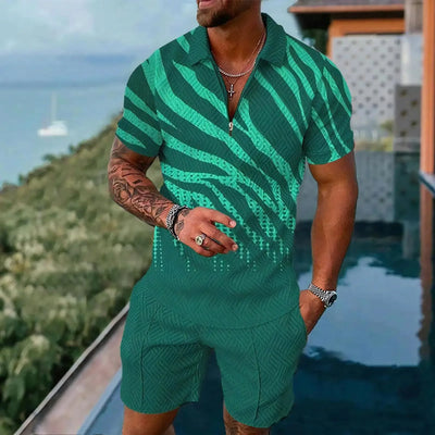 Men's Polo Shirts Short Sleeve Sets Casual Simple Style 2 Piece Outfit Fashion Zipper Tops Shorts Suit Summer Street Clothing