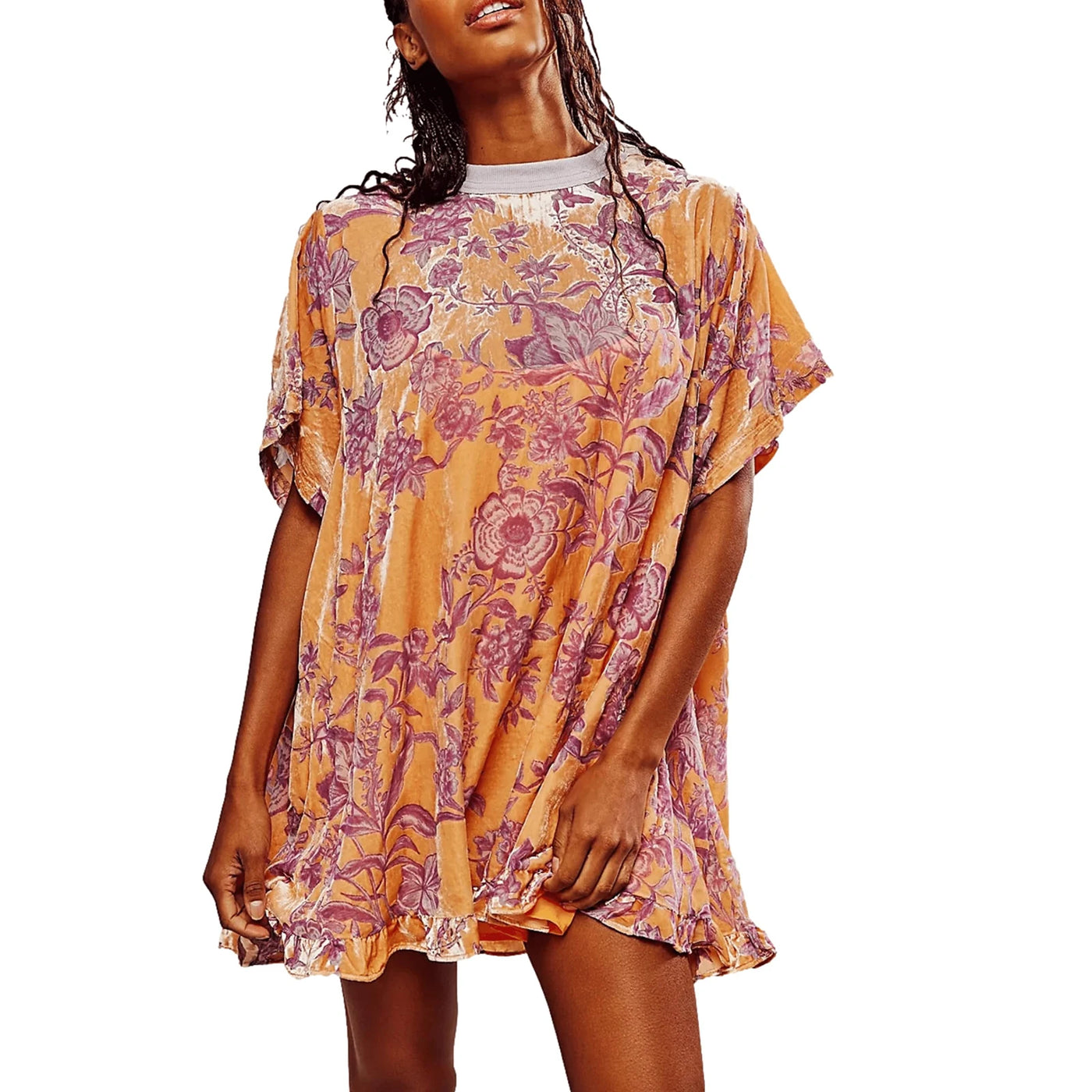 Women Velvet Dress Summer Casual Loose Long Sleeve Crew Neck Flower Mini Dress Lady Female Short Dress