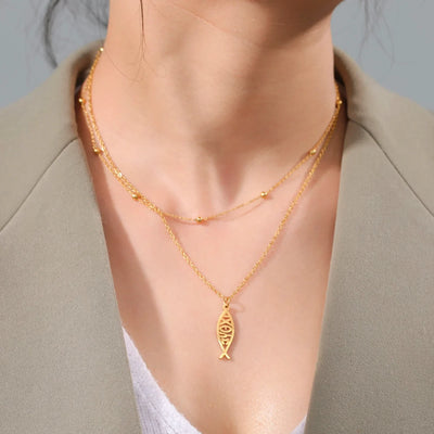 Jeshayuan Christian Jesus Fish Pendant Necklaces For Women Double Layer Stainless Greek ΙΧΘΥΣ Christian Religious Gift