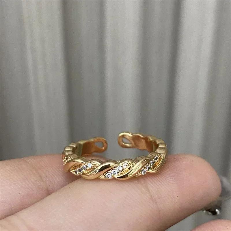 Luxury w letter ring - gold plated with row diamonds elegant adjustable statement piece dainty feminine jewelry
