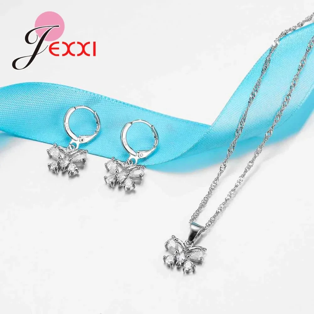 Fine Jewelry Sets Genuine 925 Sterling Silver Zircon Pendant Necklace Earrings Set for Women Crystal Bowknot Bijoux