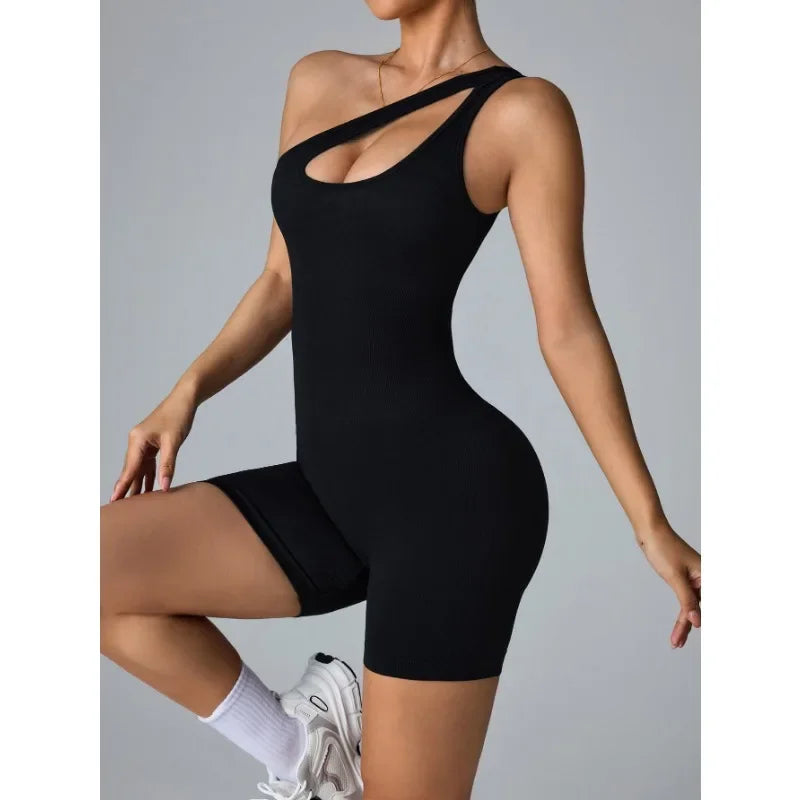 Women One Shoulder Sexy Jumpsuits Seamless Slim Short Bodysuit High Elastic Fitness Sport Yoga Clothes Black Knit Jumpsuit Woman