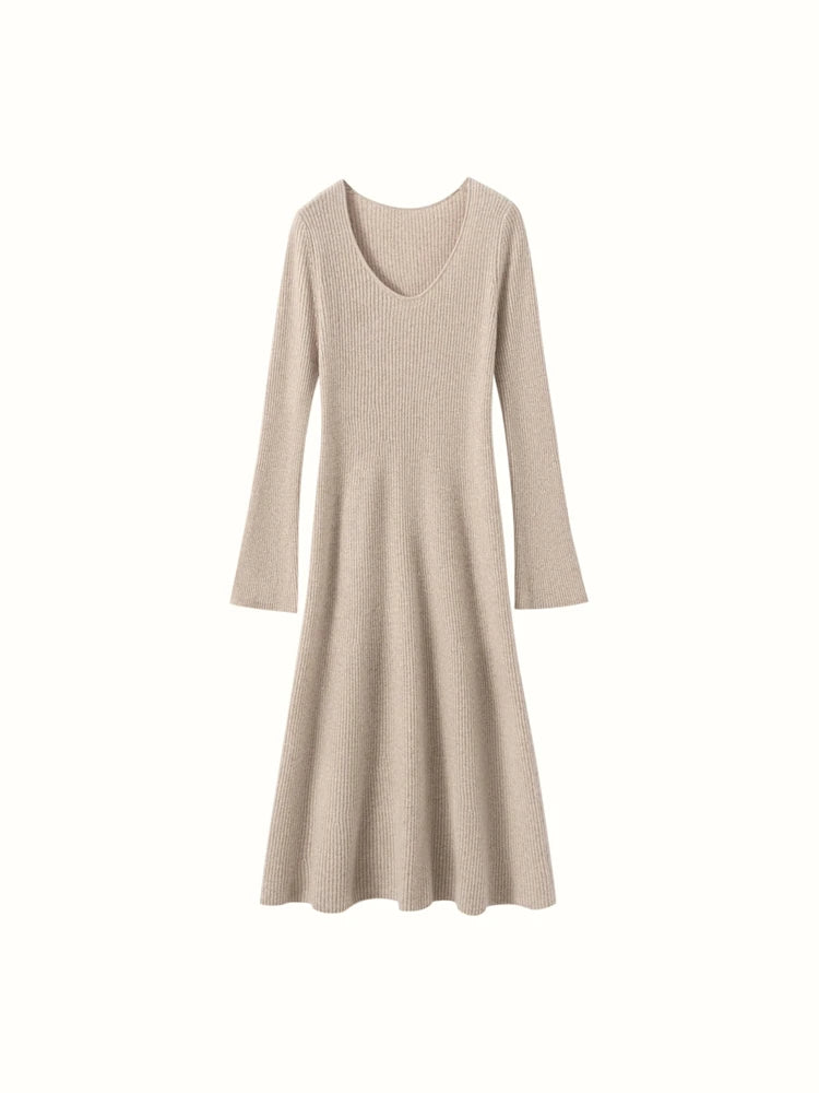 Women's Cashmere Sweater Dress Autumn Winter U-neck Striped Pullover 100% Cashmere Knitwear Slim Solid Flare Sleeve A-Line Skirt