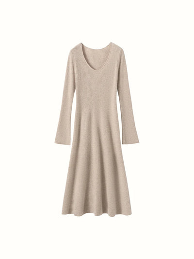 Women's Cashmere Sweater Dress Autumn Winter U-neck Striped Pullover 100% Cashmere Knitwear Slim Solid Flare Sleeve A-Line Skirt