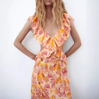 Slip Dress 2024 Summer Sleeveless Beach Style Ruffled Printing Vacation Fashion Women Casual Long Dress