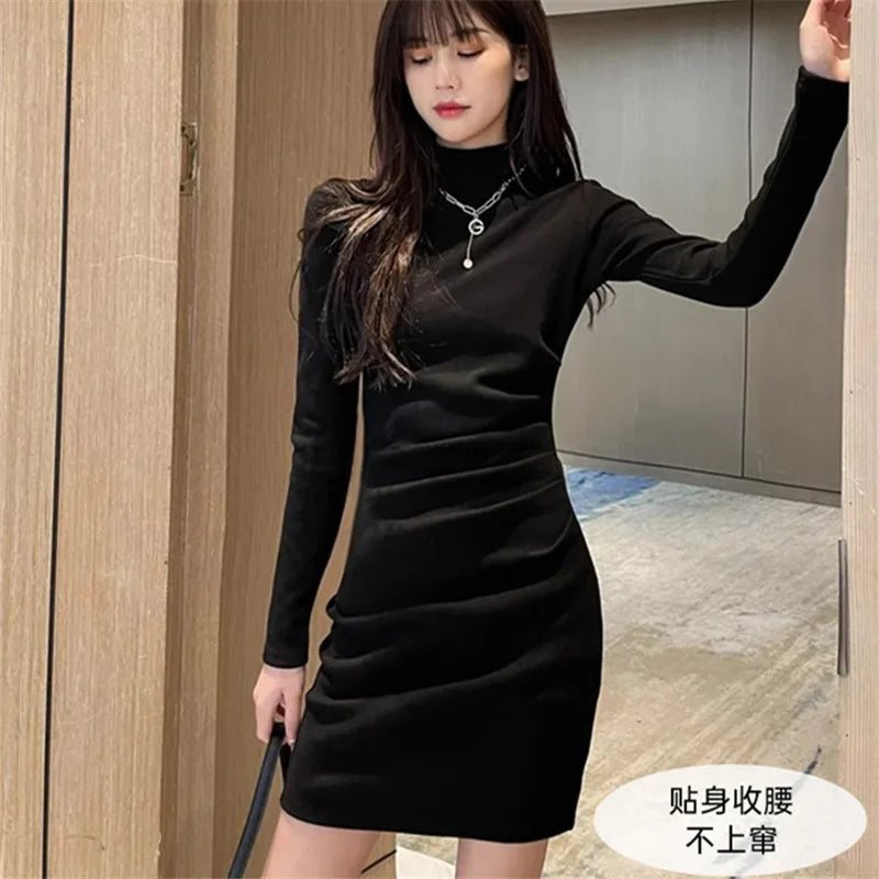Half Turtleneck Dress Women's Autumn Winter Clothing Covering Flesh Slimming Long Sleeve Hip-covering Bottoming Skirt Trendy