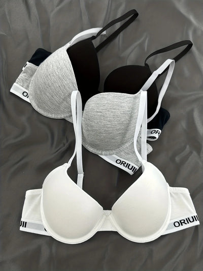 3 pieces of letter print sports bras, comfortable and breathable undergarments, women's underwear.