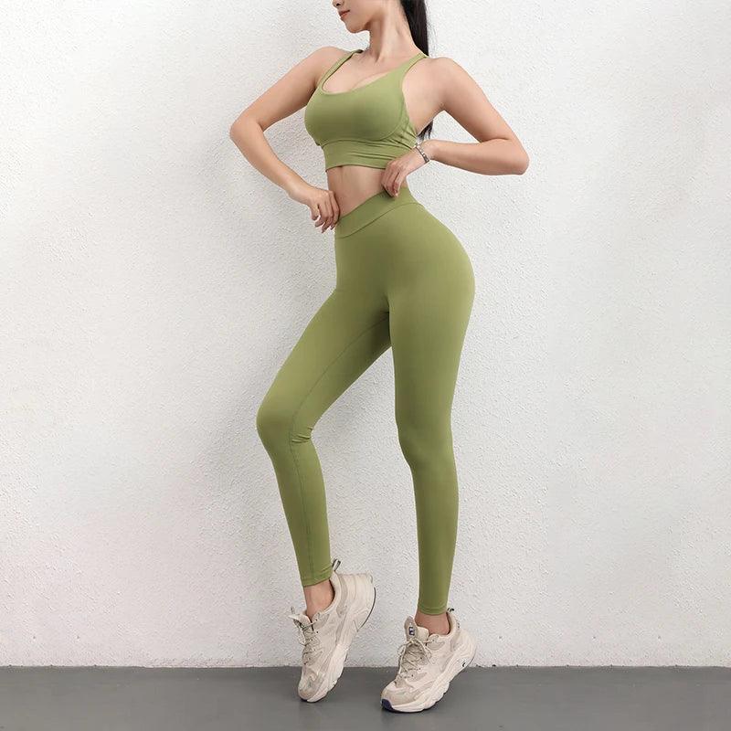 TRY TO BN Women's Tracksuit Sports Bra Fitness Yoga Set V Back Leggings High Waist Sportswear Workout Sets Cycling Gym Clothing