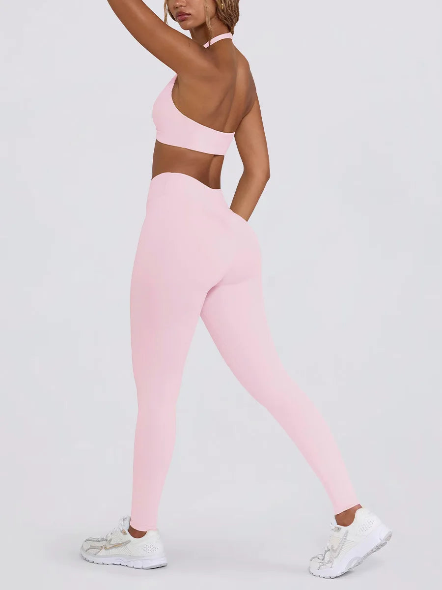 Women's Yoga Suits Quick Drying Leggings Gym Shorts Nude Hanging Neck Bra Running Gym Exercise Sets