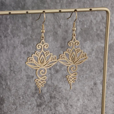 Stainless Steel Engraved Lotus Pendant Earrings for Women Yoga Meditation Jewelry Gifts