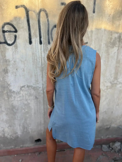2025 Fashion Casual Cotton Linen Dresses For Women Summer Sleeveless Button Pocket Deep V Neck Party Mini Female Dresses Blue