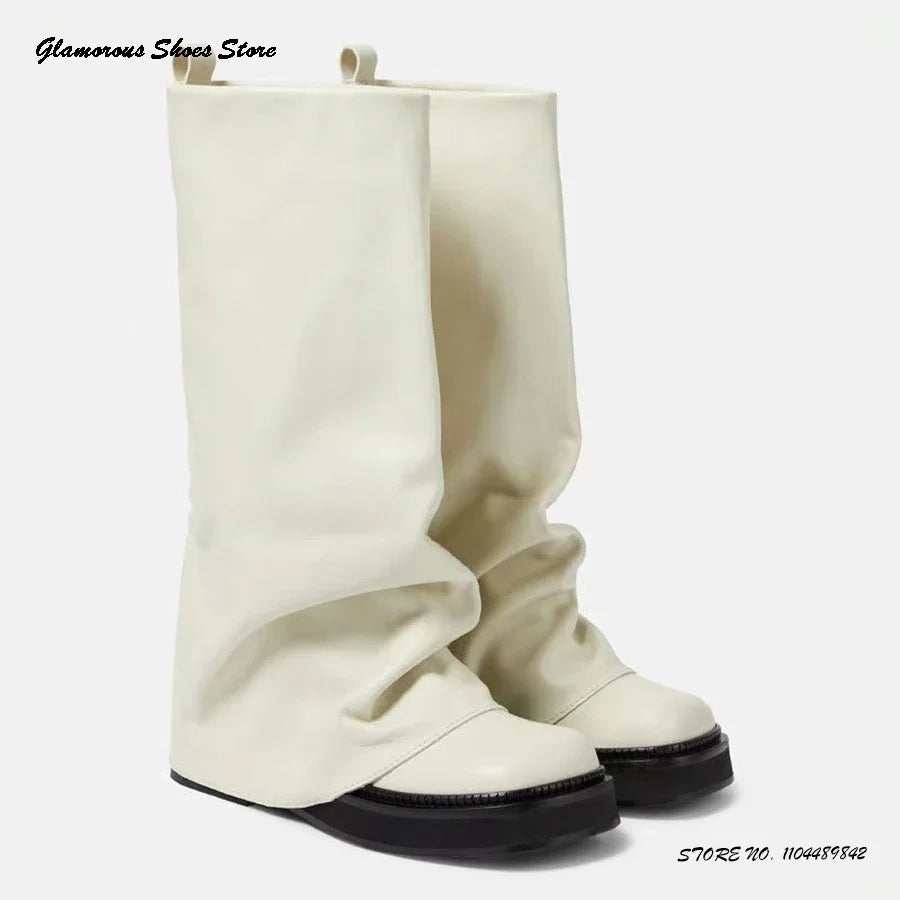 Pleated Suede Knee-high Boots Women's Spring Autumn Pull On Trending Shoes Round Toe Flat with Wide Shaft Runway Modern Boots