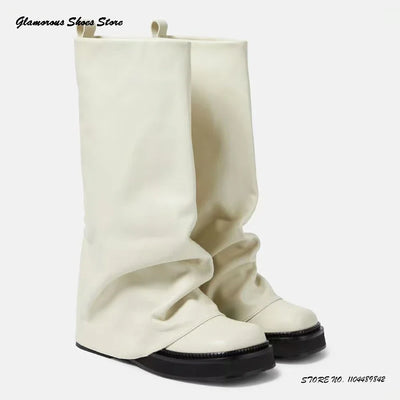 Pleated Suede Knee-high Boots Women's Spring Autumn Pull On Trending Shoes Round Toe Flat with Wide Shaft Runway Modern Boots