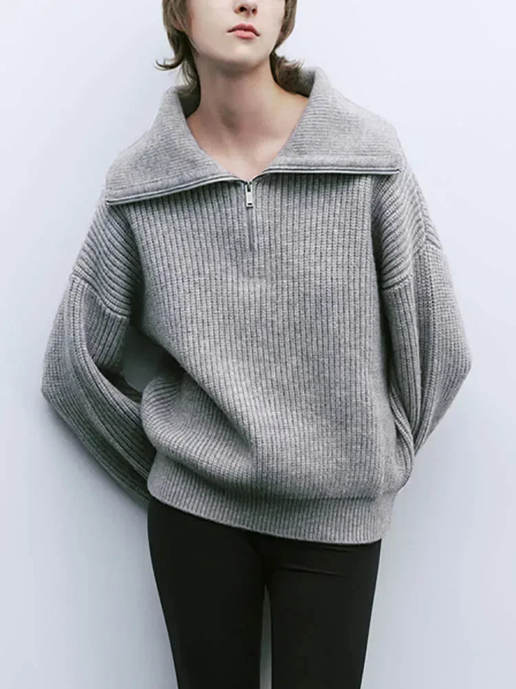 Women's Winter Sweaters Solid Grey Ladies Turtleneck Casual Loose Thick Zippers Pullovers Beautiful Oversized Sweater Women