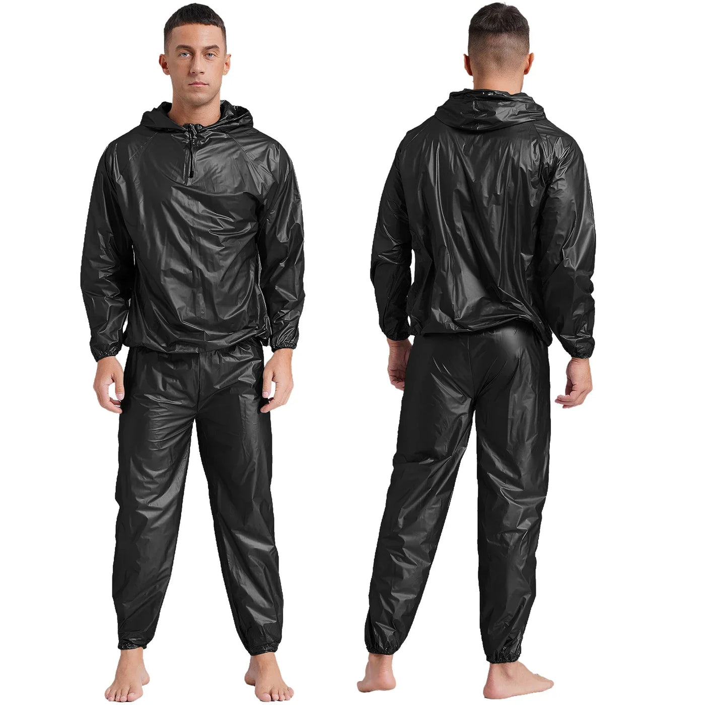Mens Sauna Sweat Outfit Long Sleeve Hooded Jacket Outerwear and Elastic Waist Long Pants PVC Sweating Suit for Gym Workout
