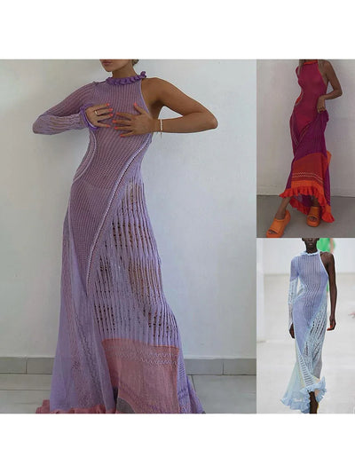 Crochet Knitted Dress for Women Contrast Hollow-Out See-Through One Shoulder Long Sleeve Beach Dress Bikini Cover-Ups
