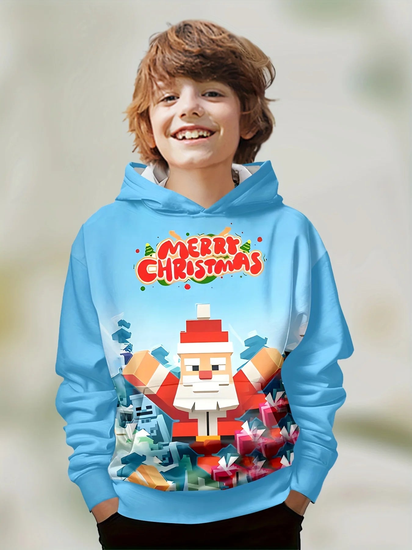 【Christmas Party Kids Wear】New Autumn Winter Children's Hooded Sweatshirt with Merry Christmas Print, for Sports and Daily Wear