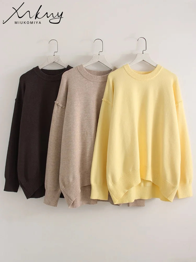 Oversized Fall Yellow Sweaters For Women 2025 Brown Crewneck Sweater Top Ladies Office Warm Knitted Woman Pullovers Winter Grey