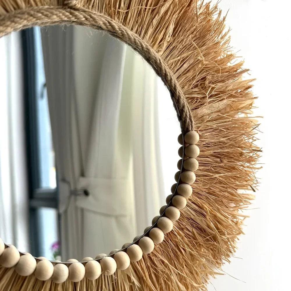 Handmade boho raffia mirror wall hanging decor rustic circle acrylic mirrors with wood bead farmhouse aesthetic nursery