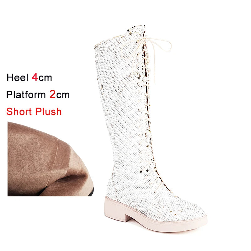 Knee-High Boots Women Flat Gothic Fashion Low Heel Shoes Autumn Winter Sequins Heels Bling Bling Silver Luxury Womens Long Boots