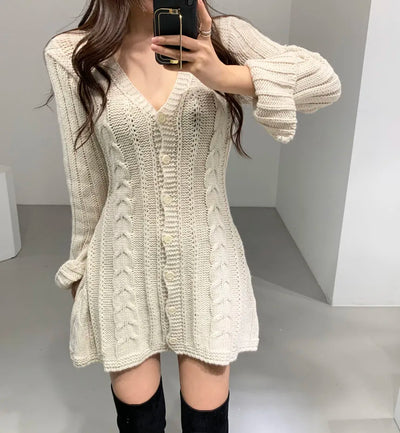 Sweater Dress for Women Long Sleeve Cable Knit Button Down Knitted Mini Dress for Women Teen-girl Fall Winter Chic Outfit