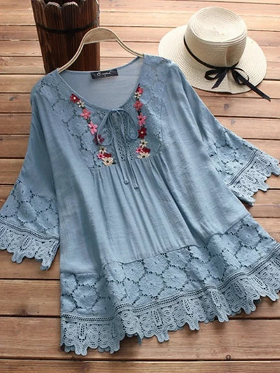 Summer cotton linen lace women's top 8865