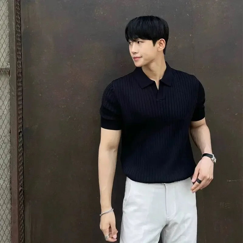 Men Slim Fit Polo Shirts Solid Stretch Sexy Collared TShirt Fashion Trendy Cotton Casual Top Summer Clothes Comfortable Stretchy
