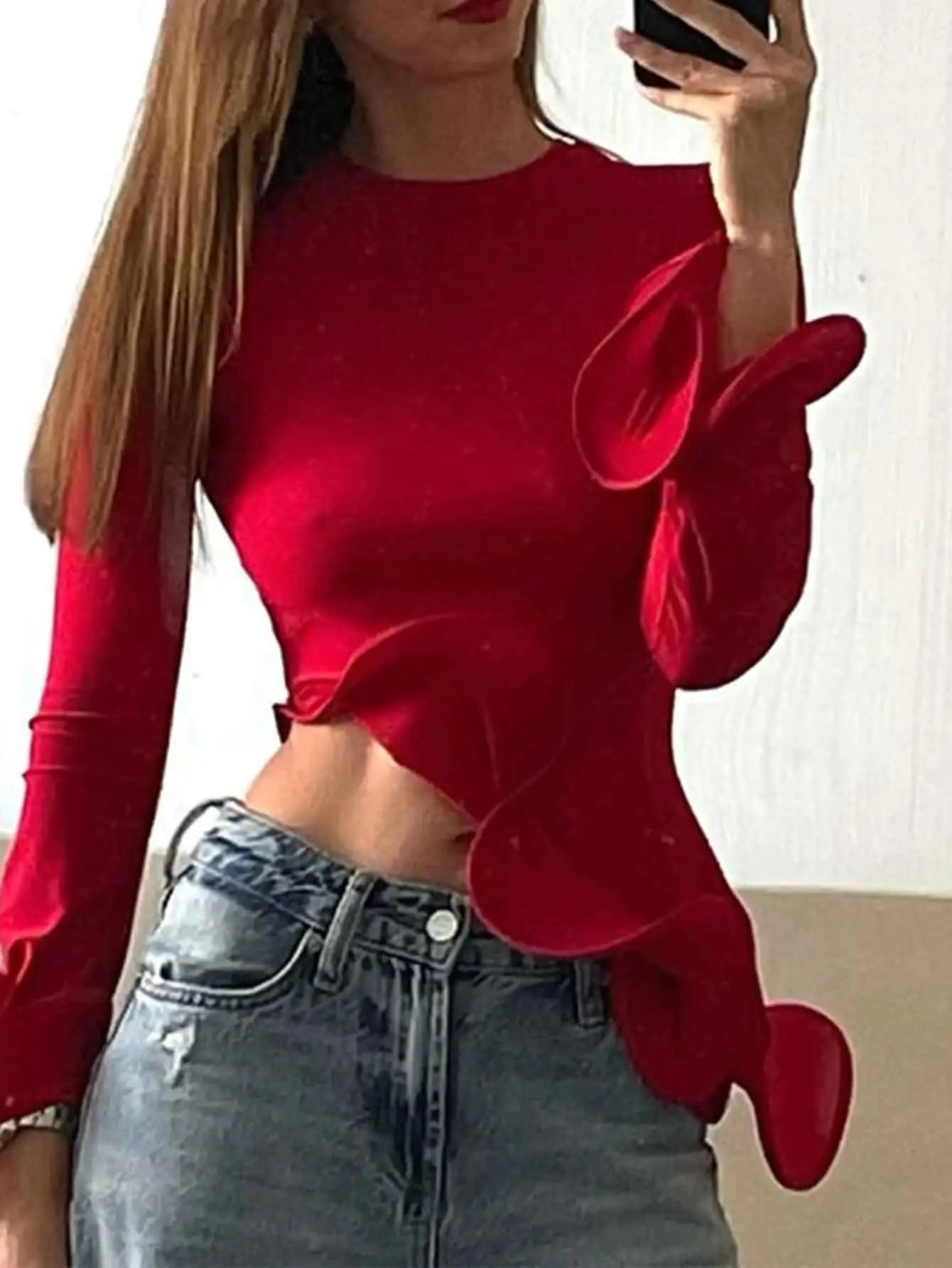 Red ruffles crop top for women