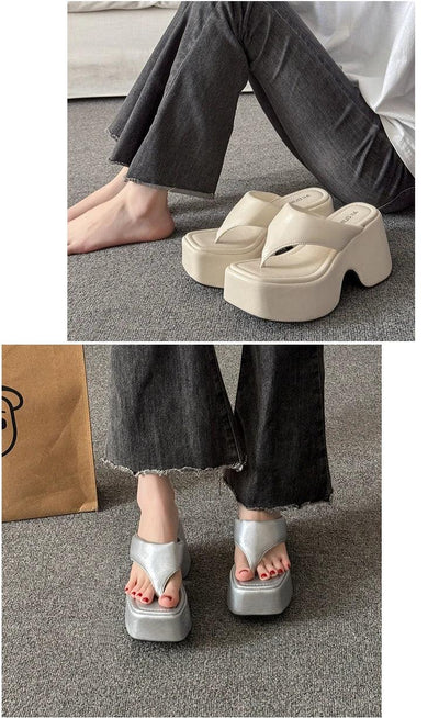 Women's Summer Outdoor Platform Sandals Flip Flops High Heel Thi Bot Clog oes Heightening Slippers Korean Sle PU Mat...