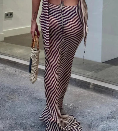 Long Sheer Cover Up Skirt Summer Low Waist Lace Up Chiffon Holiday Skirt 2024 DSMTRC Women Sexy See Through Striped Beach Skirts