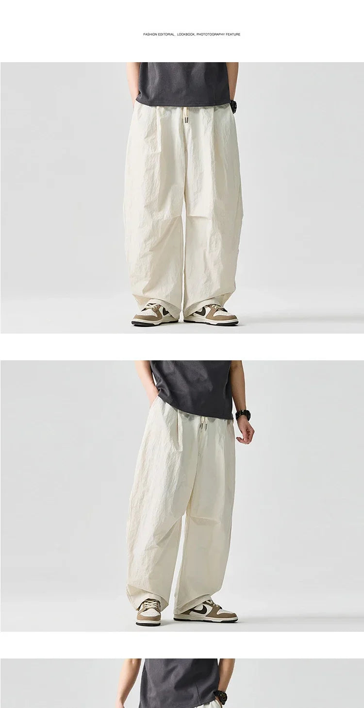 Wide leg Pants Men Harajuku Japanese Style Loose Casual Pants Men Solid Comfortable Elastic Waist Trouser Outdoor Walking Hiking
