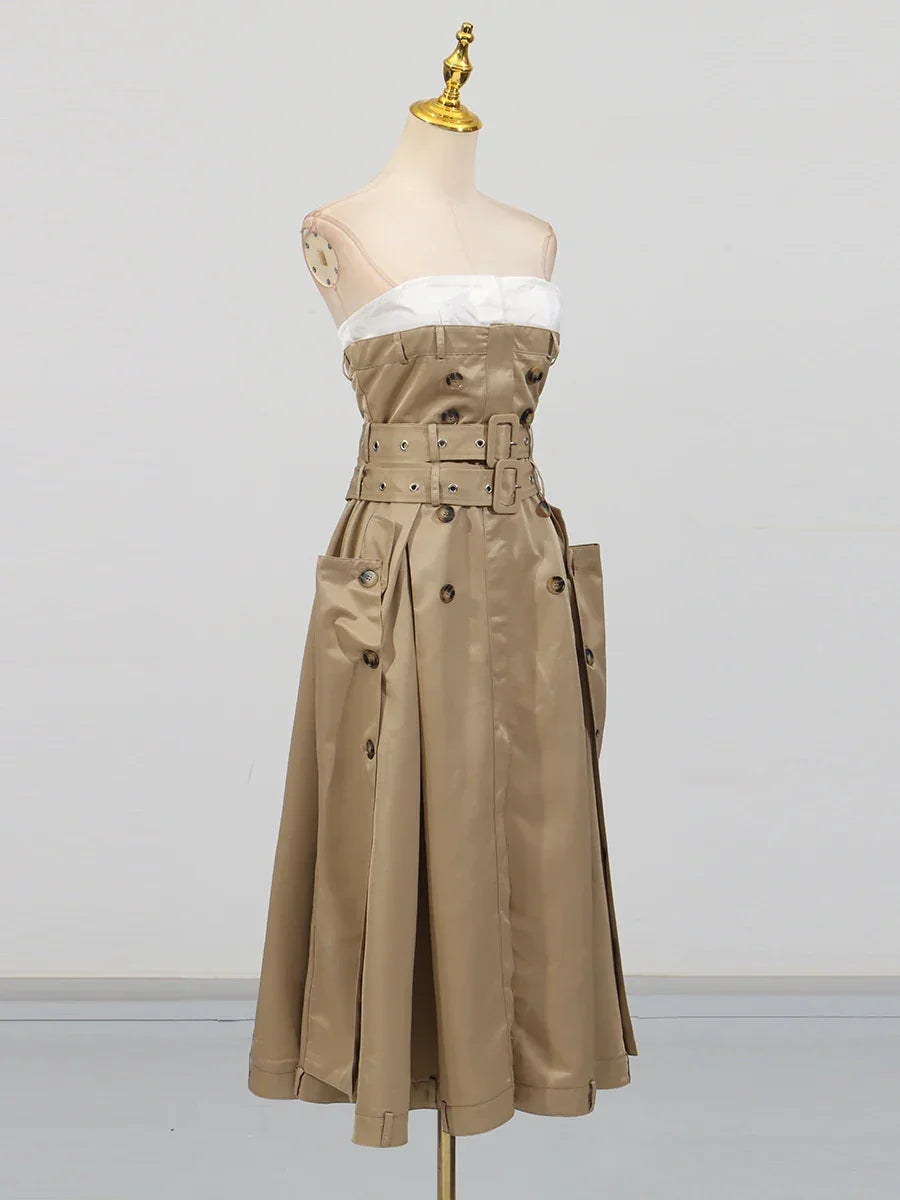 VGH Ameican Retro Irregular Cargo Dresses for Women Strapless Sleeveless High Waist Spliced Double Sashaes Midi Dress Female New