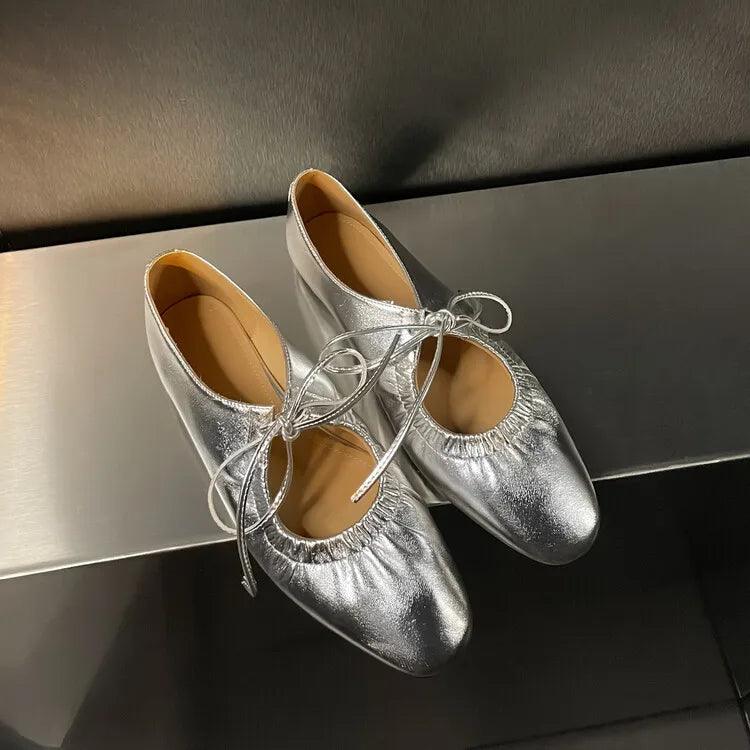 Women ballet leather narrow band flat shoes bling silver gold footwear