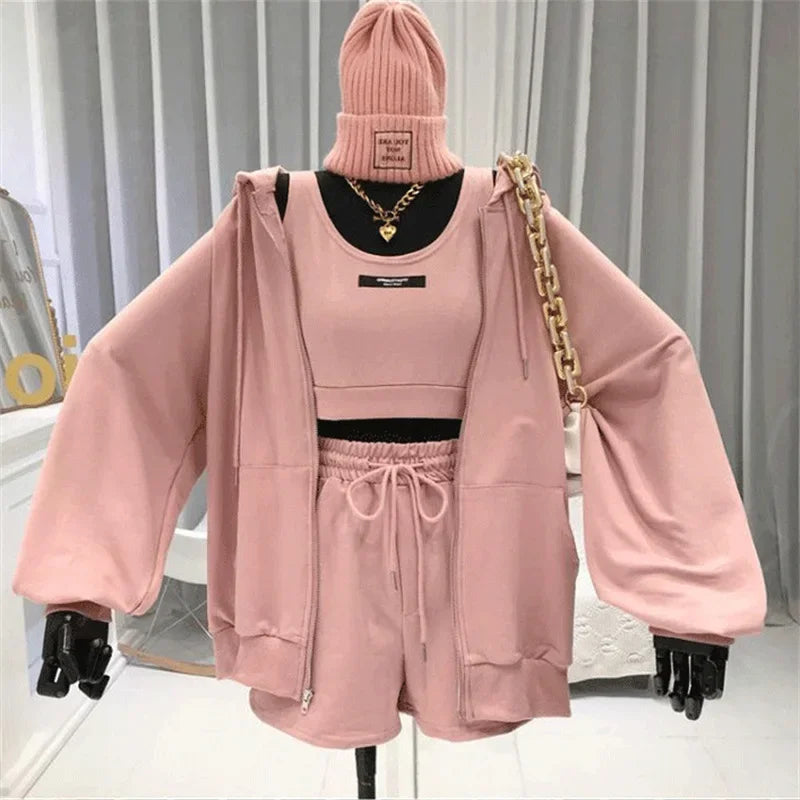 Shorts Three 3 Piece Sets Women Casual Vest Drawstring Short Hooded Zipper Jacket Sportswear Suits Y2k Streetwear Sports Hoodies