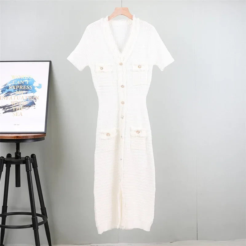 Summer Women Simple White Black Dresses Office Sheath Pencil Midi Dress Elegant Knitted Bodycon Party Casual Vestido