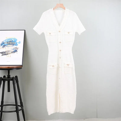 Summer Women Simple White Black Dresses Office Sheath Pencil Midi Dress Elegant Knitted Bodycon Party Casual Vestido