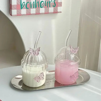 400ML Glass Cup with Lid and Straw, Butterfly Design Round Glass Drinkware, Multipurpose for Coffee, Milk, Cold Drinks, Juice